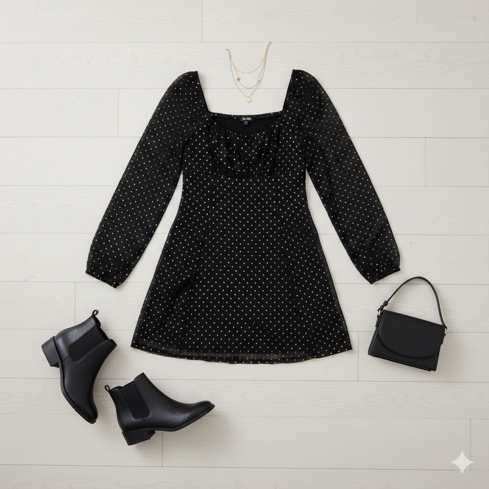LILY ROSE Women’s Plus Black Gold Polka Dot Mini Dress Sheer Long Sleeve‎ XXL